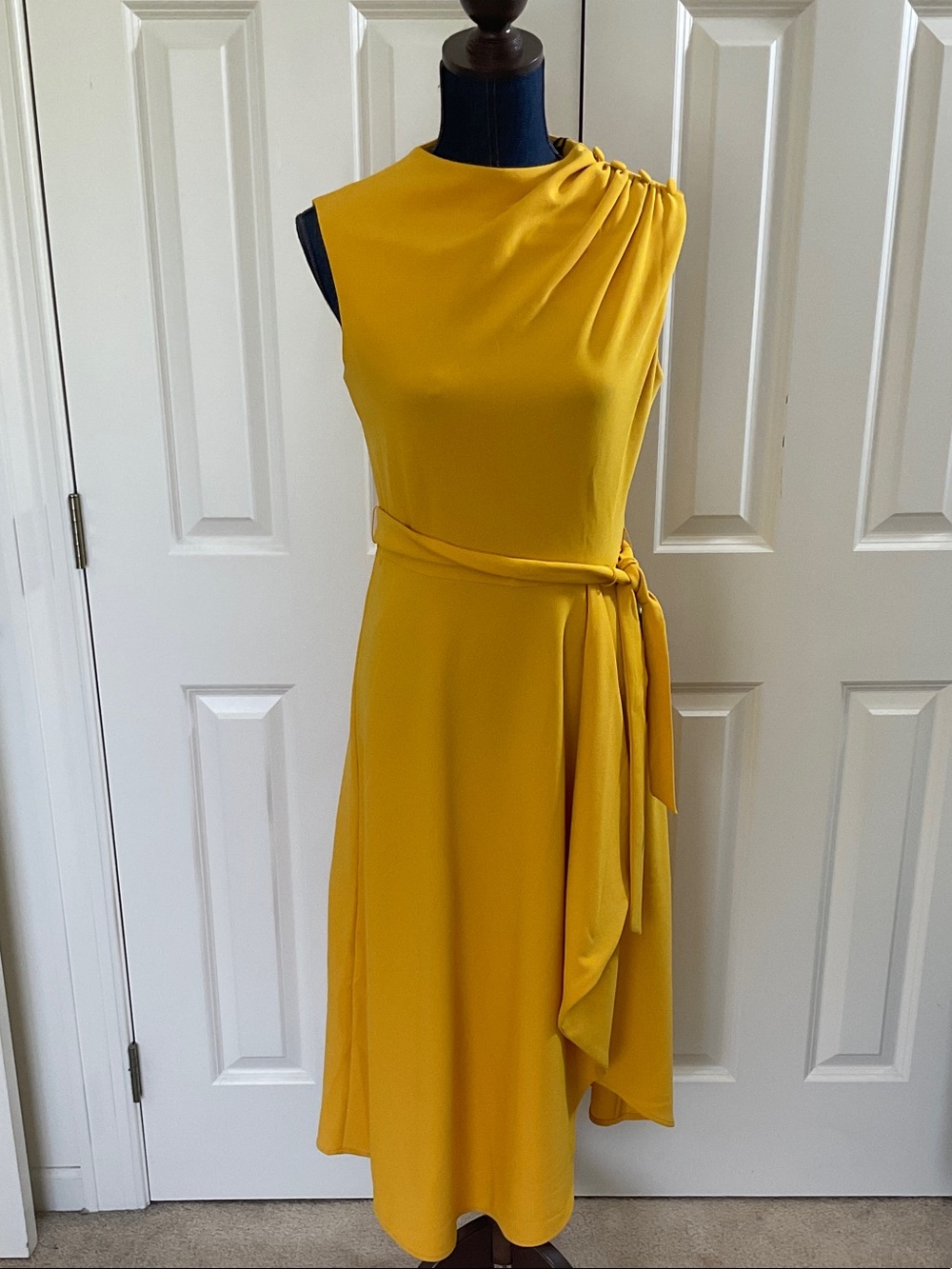 DKNY Warm Yellow Sleeveless Midi Dress with Side Tie